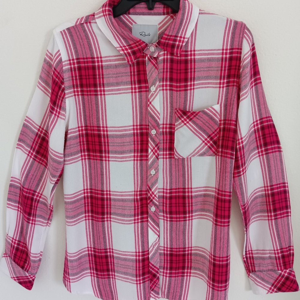 Rails raspberry/white plaid long sleeve shirt, Size S